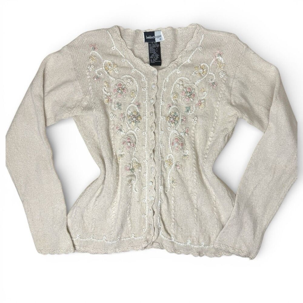 Vtg Whimsi Coquette Embroidered Floral Knit Cardigan Sweater Size Large Silk 90s